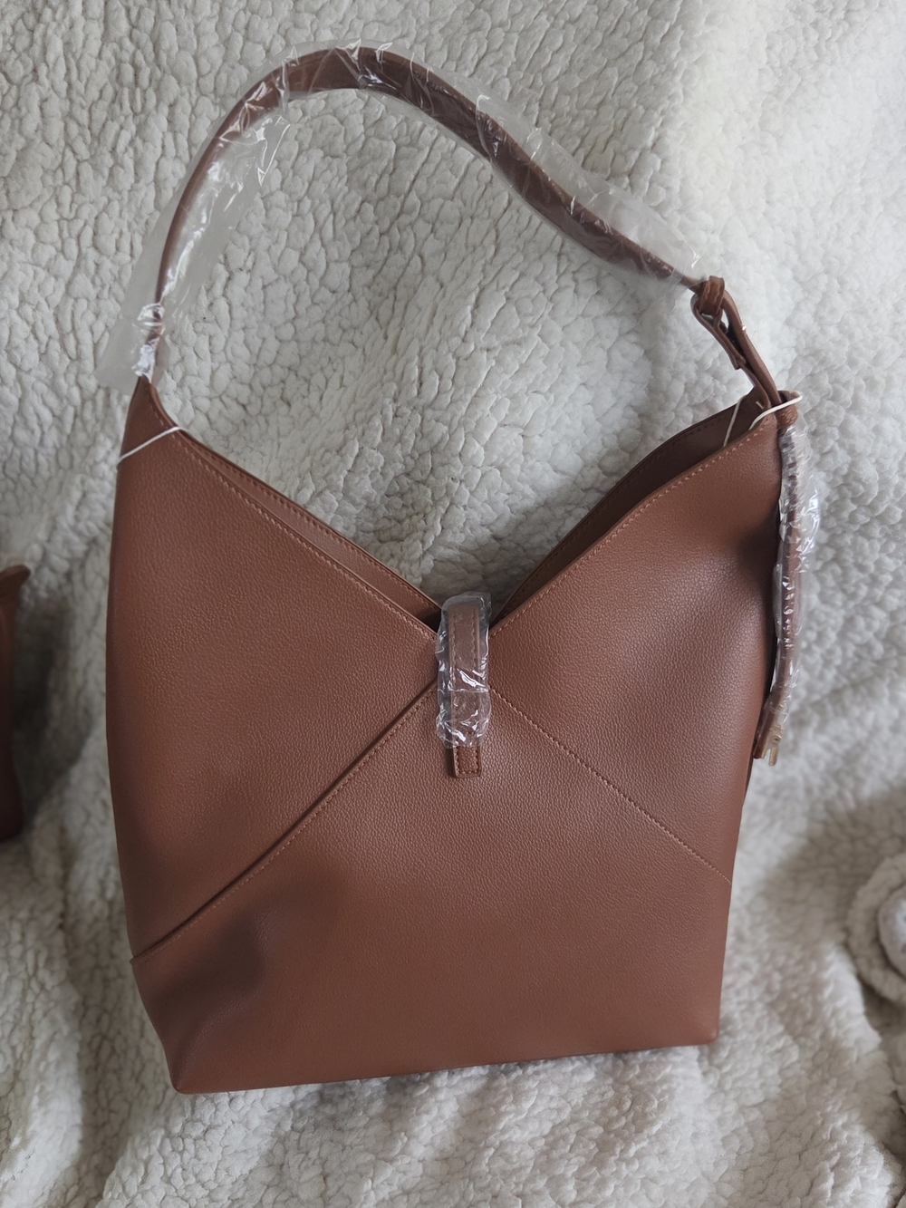 Structured Brown Shoulder Bag with Modern V-Shaped Front